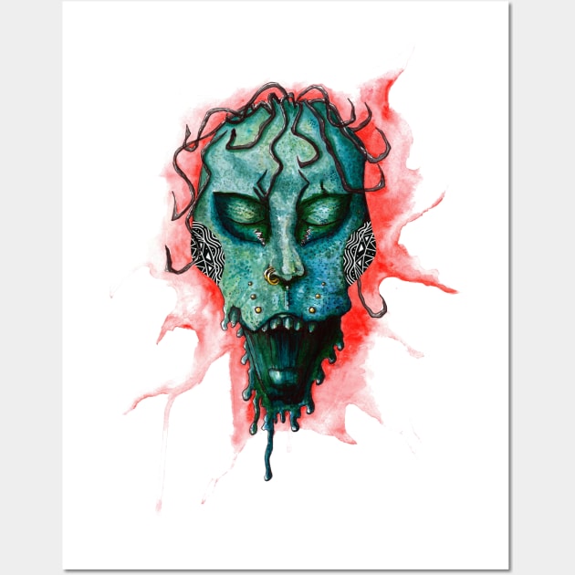 Scary voodoo zombie green face watercolor Wall Art by Agras